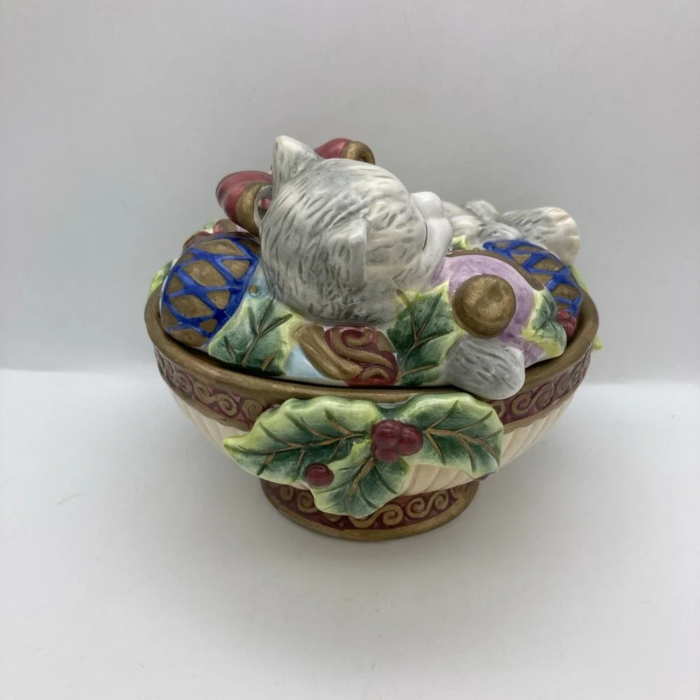 Fitz &Floyd Christmas Kitty In Bowl Lidded Footed Bowl Ornaments Candy 2005